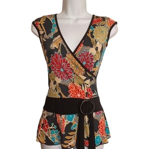 APRIL Red Yellow Oriental Floral Print Faux Wrap V Neck Stretchy Black Top Small